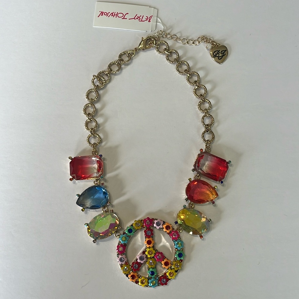 Betsey Johnson Love Fest Peace Sign Multicolor Flower Statement Necklace NWT - Picture 3 of 10